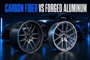 Carbon-fiber hybrid wheel and forged aluminum wheel displayed side by side in a blue-lit studio