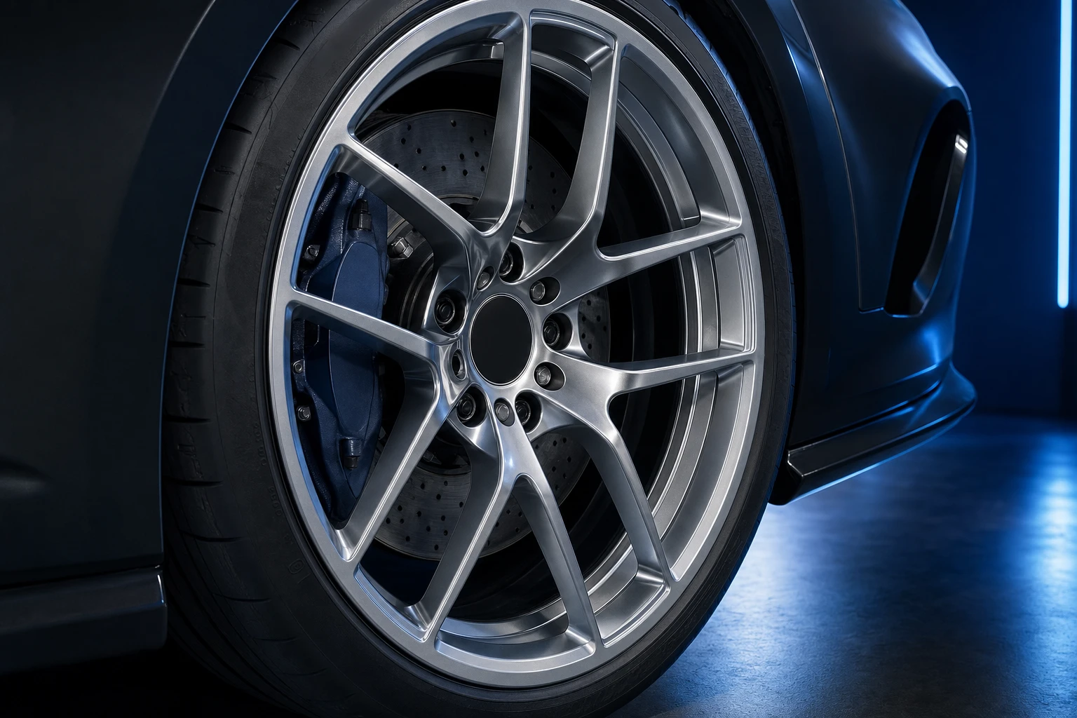 Close-up of a machined forged aluminum performance wheel on a dark sports car