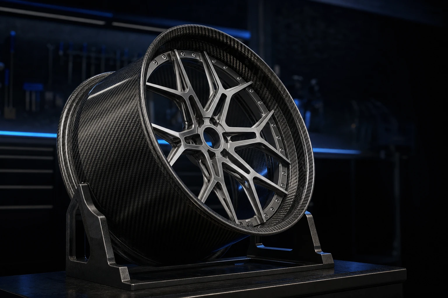 Two-piece hybrid wheel with a forged aluminum center joined to a carbon-fiber barrel