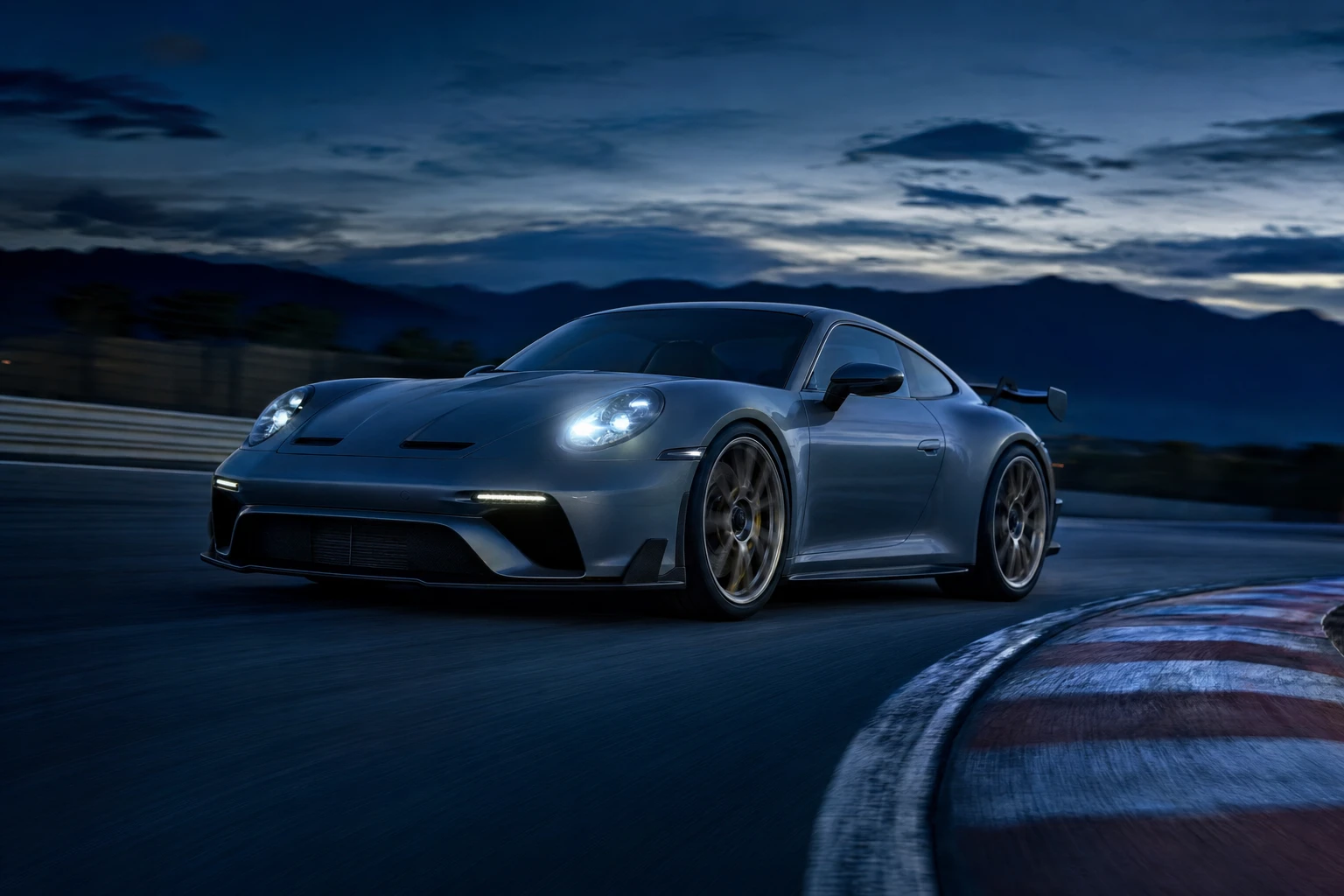 Performance car cornering on a race circuit at dusk with lightweight wheels