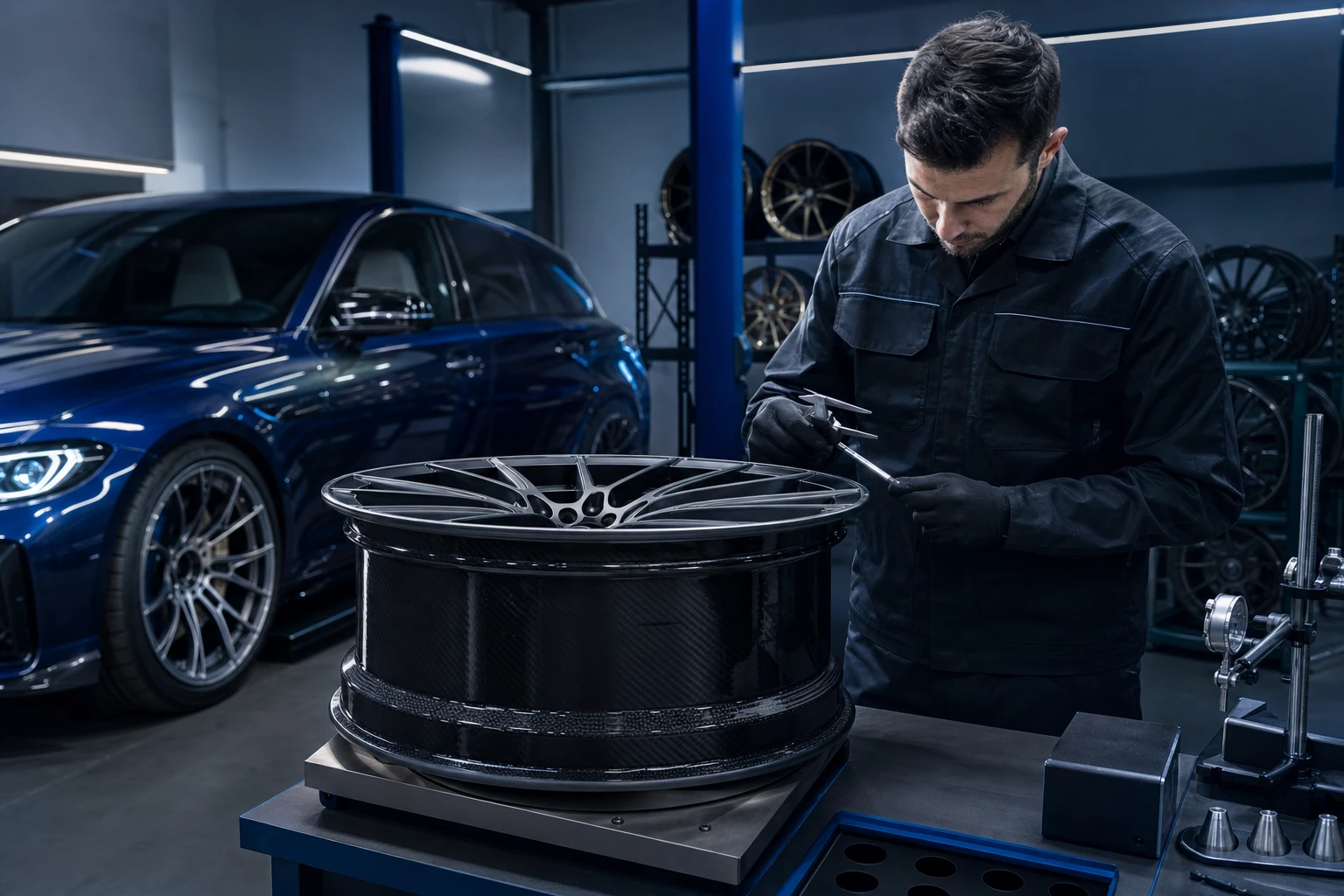 Technician checking a premium wheel specifications beside a performance car in a workshop
